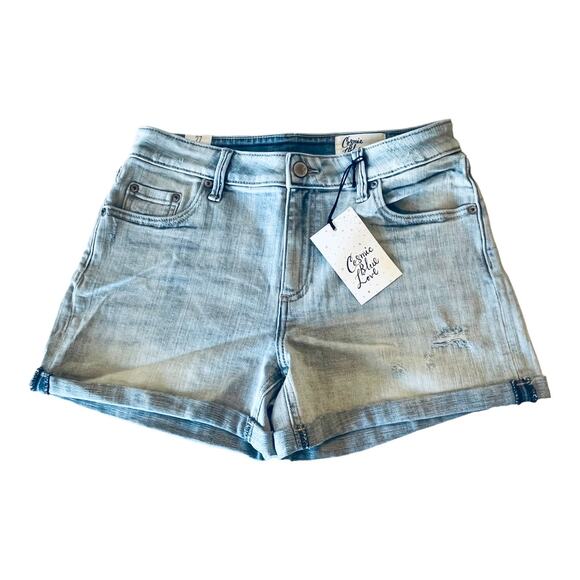 NEW Cosmic Blue Love Mid Rise Cuffed Denim Jean SHORT Womens 27/4 Distressed NWT - Picture 8 of 8
